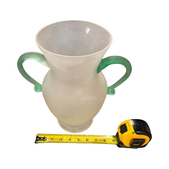 Vintage Frosted Glass Vase With Green Twisted Handles - Picture 3 of 12